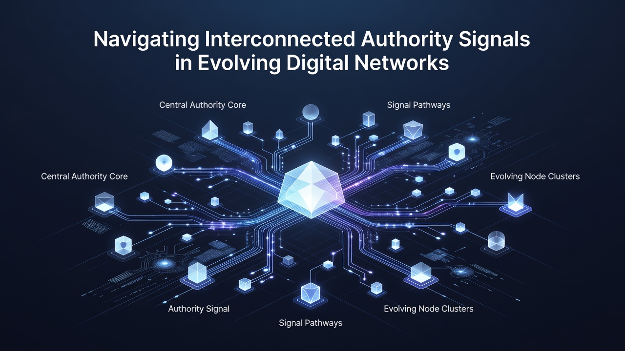 Diagram showing evolving digital network connections with overlaid authority metrics